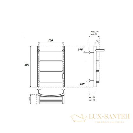 полотенцесушитель 400x600 электрический point афина pn04846p п3 с полкой, диммер справа, хром
