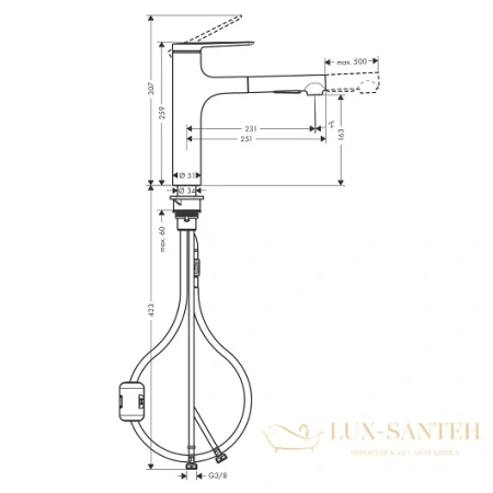 смеситель для кухни hansgrohe zesis m33 74801800 с вытяжным душем, цвет сталь