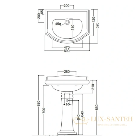 раковина kerasan retro 104601*0 69х52 см без отверстия для смесителя, белый