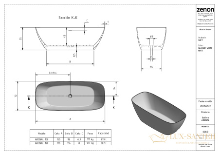 ванна свободностоящая zenon arenal, 4000.000.000.000.39672, из искусственного камня solid surface, 170x75xh55 см, белый матовый