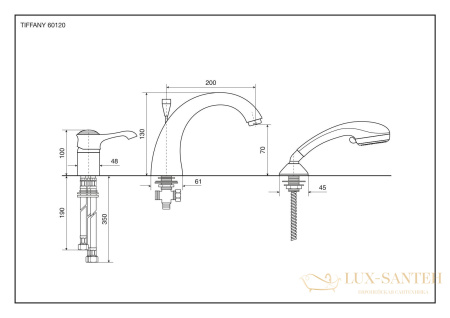 комплект смесителя на борт ванны emmevi tiffany 60120/or на 3 отверстия с ручным душем, золото