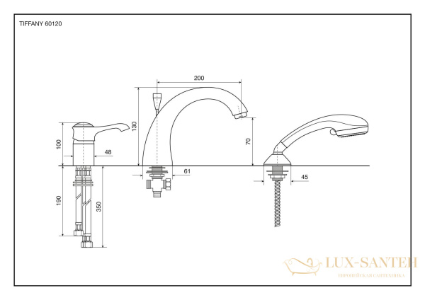 комплект смесителя на борт ванны emmevi tiffany 60120/bc на 3 отверстия с ручным душем, белый-хром