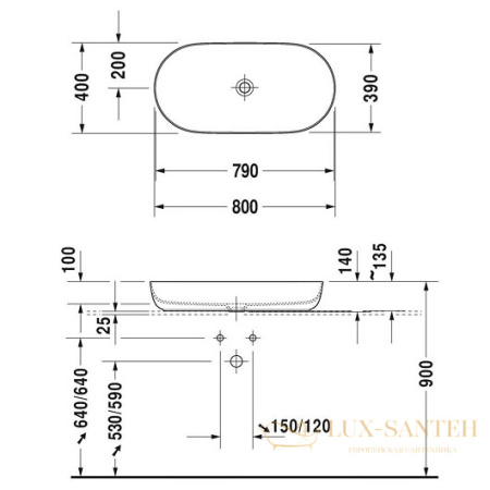 раковина накладная duravit luv 0379800000 800х400 мм, белый