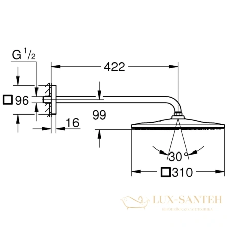 верхний душ с душевым кронштейном 422 мм, grohe rainshower mono 310 cube, 26564gn0, холодный рассвет матовый