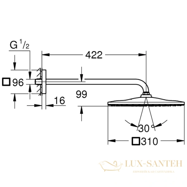 верхний душ с душевым кронштейном 422 мм, grohe rainshower mono 310 cube, 26564al0, темный графит матовый