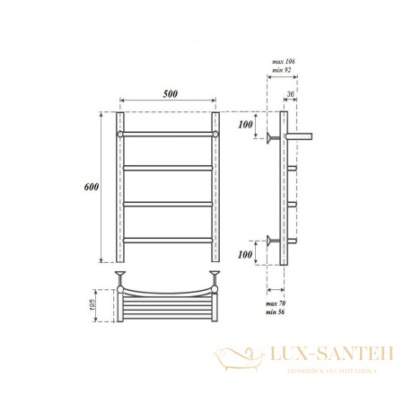 полотенцесушитель 500x600 водяной point афина pn04156p п3 с полкой, хром