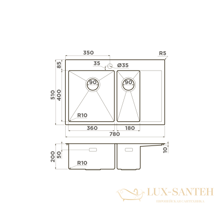 кухонная мойка omoikiri akisame 78-2-lg-l нерж.сталь х светлое золото, 4973087