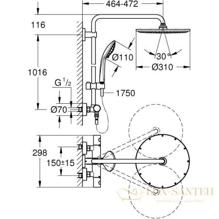 душевая система 310 мм grohe euphoria system 26075da0, теплый закат глянцевый