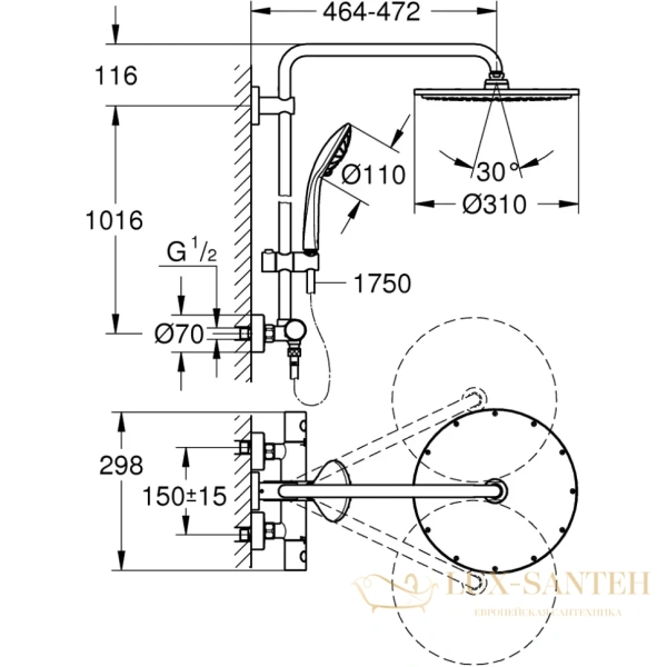 душевая система 310 мм grohe euphoria system 26075dl0, теплый закат матовый