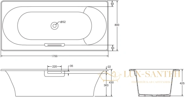 чугунная ванна jacob delafon volute 170x80 e6d901-0 белая, с антискользящим покрытием