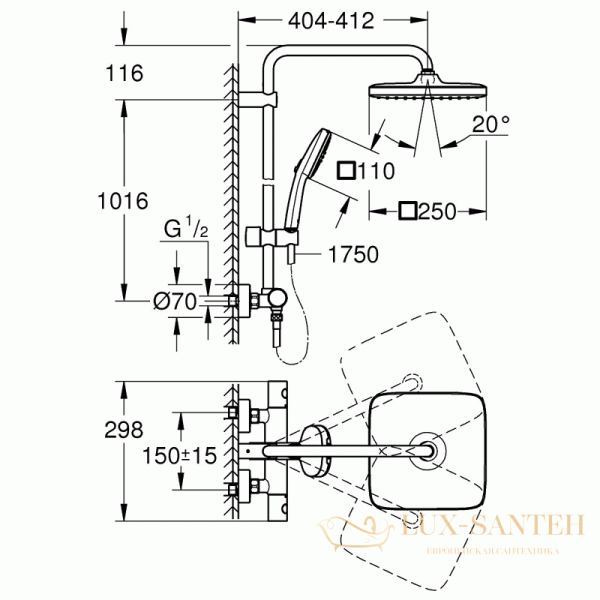 душевая система для душа с термостатом grohe tempesta cosmopolitan system 250 cubе 266892431, черный матовый