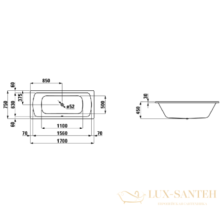 ванна стальная (3,5 мм) laufen pro 2.2695.0.600.040.1, 1700x750 мм, с шумоизоляцией, антискользящим покрытием, белый глянцевый