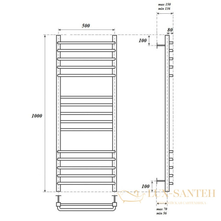 полотенцесушитель 500x1000 водяной point омега pn90150s п15, хром