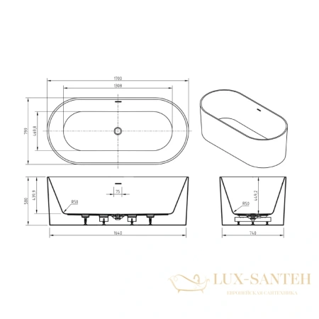 ванна акриловая свободностоящая 170x79,9 см belbagno bb705-1700-800, белый глянцевый