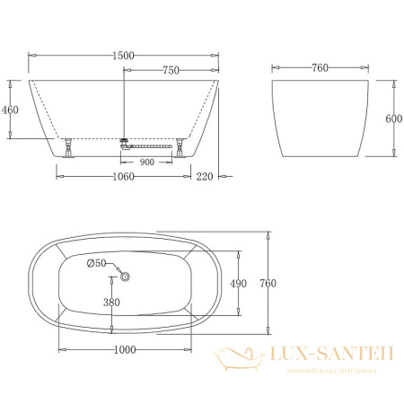 акриловая ванна belbagno bb72-1500-w0 150x76 без гидромассажа, белый