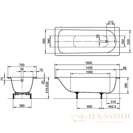 стальная ванна kaldewei eurowa 119712030001 311-1 standard 160x70 см, белый 