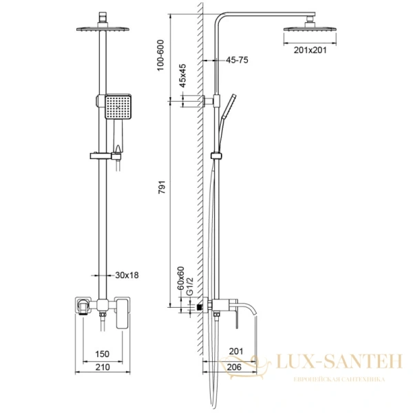 душевая система timo selene sx-1013/03 201 мм, черный