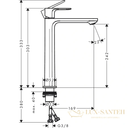 смеситель для раковины hansgrohe rebris e 72583000, без донного клапана, хром глянцевый