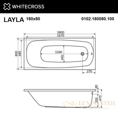 ванна whitecross layla 180x80 "soft", 0102.180080.100.soft.gl, белый