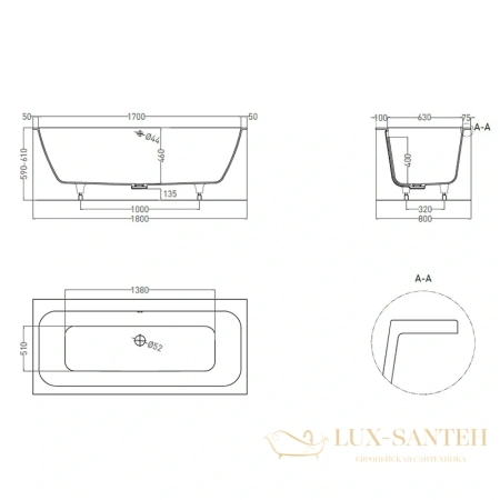 ванна salini orlanda axis 103222m s-stone 180x80 см, белый