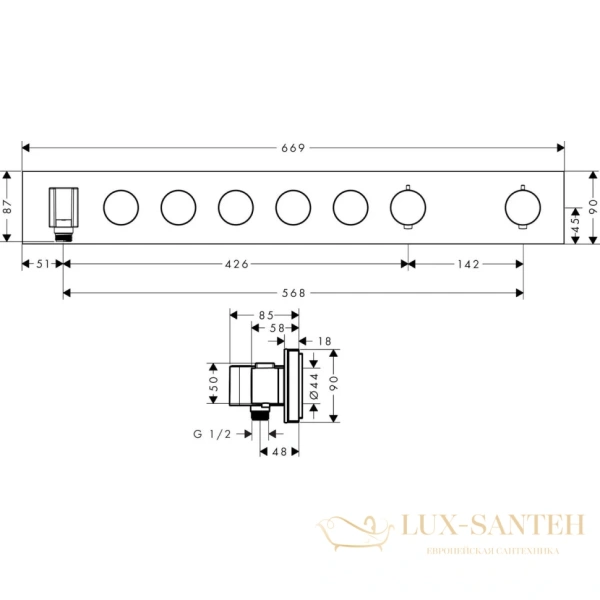 термостат встраиваемый axor showers, 18358000, solution, для душа, 5 потребителей, select, (внешняя часть), хром