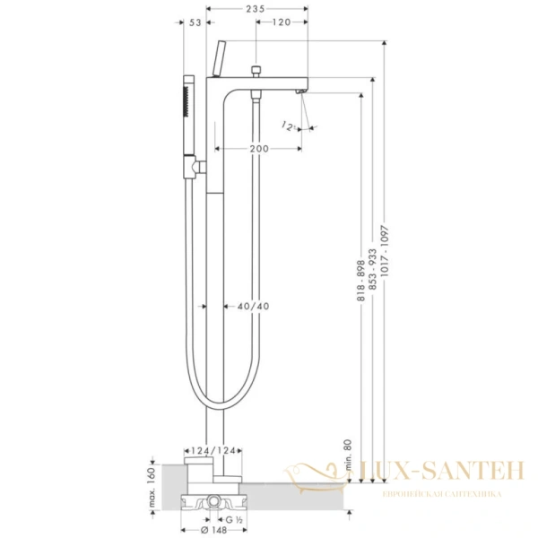 axor citterio, 39451000, смеситель для ванны, однорычажный, с ручным душем, напольный, (внешняя часть), цвет хром