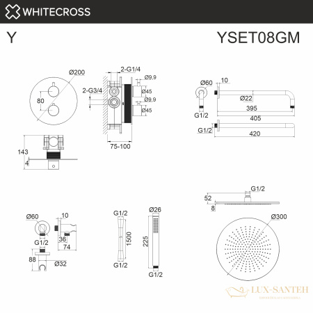 термостатическая душевая система скрытого монтажа whitecross y yset08gm, оружейная сталь