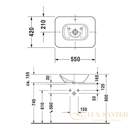 раковина накладная duravit bacino 0334520000 550х420 мм, белый