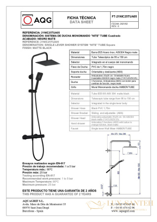 душевая колонна aqg tube 21niс25tua05 регулируемая по высоте 95-150 см, черный матовый