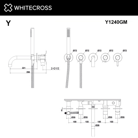 смеситель для ванны скрытого монтажа whitecross y y1240gm, оружейная сталь