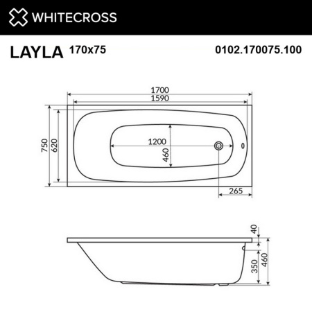 ванна whitecross layla 170x75 "line nano", 0102.170075.100.linenano.cr, белый