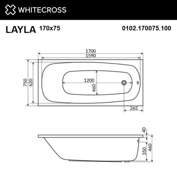 ванна whitecross layla 170x75 "ultra nano", 0102.170075.100.ultranano.cr, белый