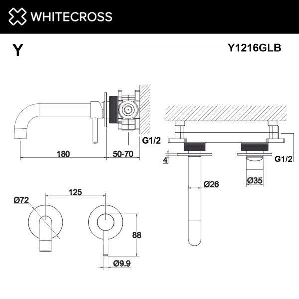 смеситель для умывальника скрытого монтажа whitecross y y1216glb, брашированное золото