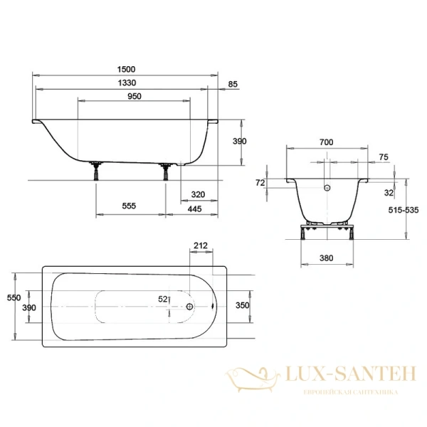 стальная ванна kaldewei eurowa 119612030001 310-1 standard 150x70 см, белый 