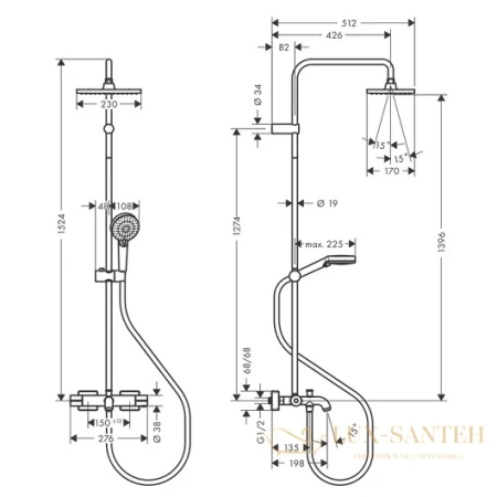 душевая система showerpipe 230 1jet с термостатом для ванны hansgrohe vernis shape 26284000 хром