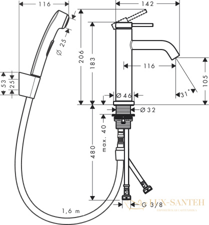 смеситель для раковины hansgrohe tecturis s 73211670 с гигиеническим душем, донным клапаном, черный матовый