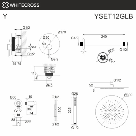 система для душа скрытого монтажа whitecross y yset12glb, брашированное золото