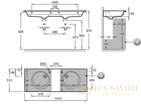 раковина jacob delafon odeon rive gauche 140 см exas112-z-00 с гладкой нижней поверхностью