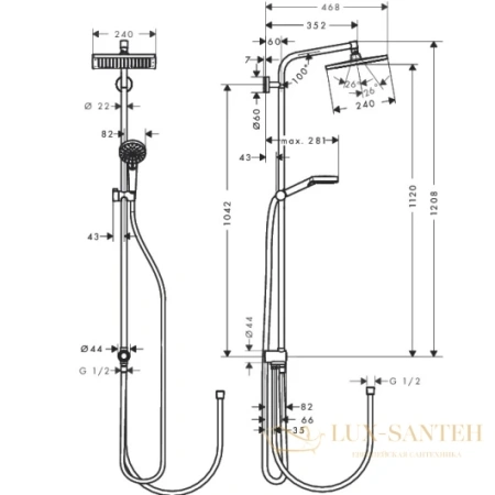 душевая система hansgrohe crometta e 240 1jet showerpipe reno ecosmart 27289000, хром