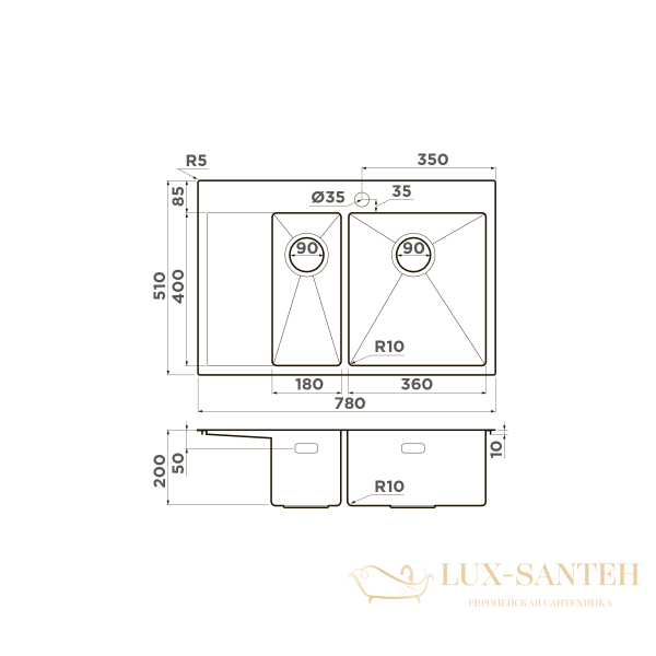 кухонная мойка omoikiri akisame 78-2-lg-r нерж.сталь х светлое золото, 4973088