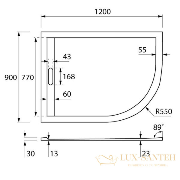 душевой поддон cezares tray as tray-as-rh-120/90-550-30-w-l из искусственного камня 120x90 l, белый