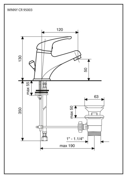 смеситель для раковины emmevi winny 95003/cr с донным клапаном, хром