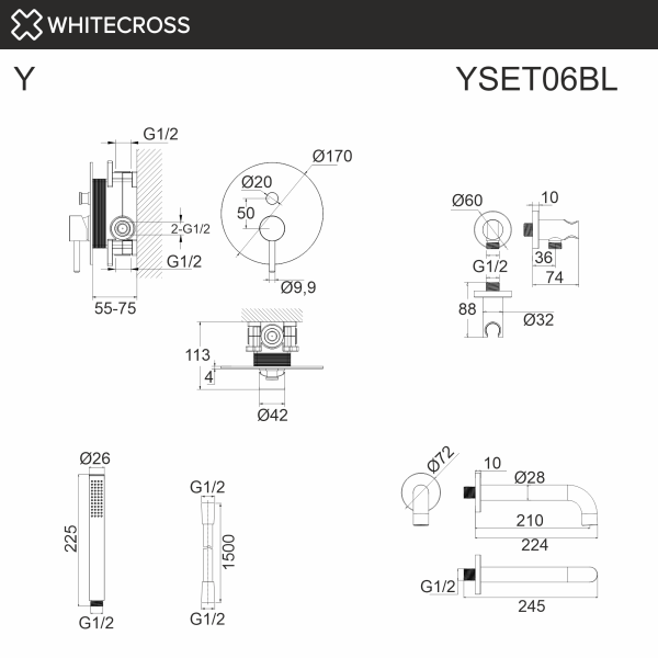 система для ванны скрытого монтажа whitecross y yset06bl, черный мат