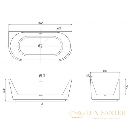 акриловая ванна belbagno bb108-170-80 170x80 без гидромассажа, белый