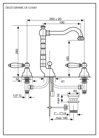 смеситель для раковины emmevi deco ceramic 121643/or с донным клапаном на 3 отверстия, золото