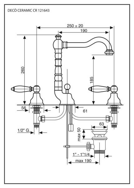 смеситель для раковины emmevi deco ceramic 121643/or с донным клапаном на 3 отверстия, золото