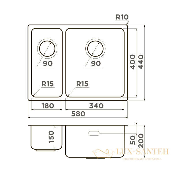 кухонная мойка omoikiri tadzava 58-2-u/i-in-r ultra 15 4997117, нержавеющая сталь