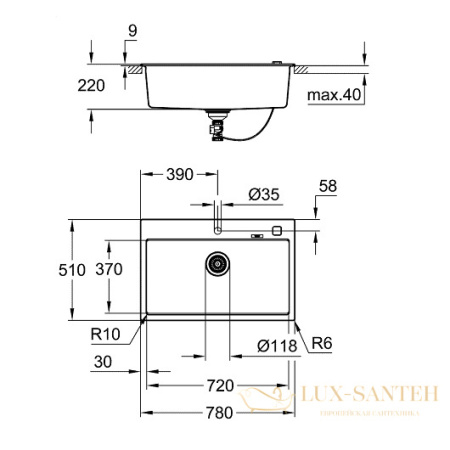 мойка кухонная grohe k700 31652ap0 780х510 мм, черный гранит