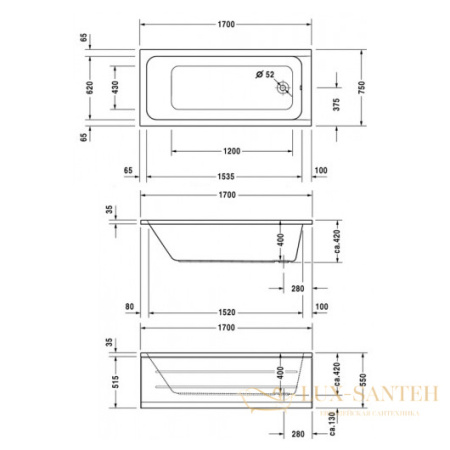 акриловая ванна duravit d-code 700100000000000 170х75, белый