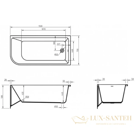 ванна угловая 150x73 см правосторонняя, belbagno bb712-1500-730-r, белый глянцевый